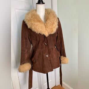 Penny Lane Vintage Brown Suede Jacket with Cream Fur Trim